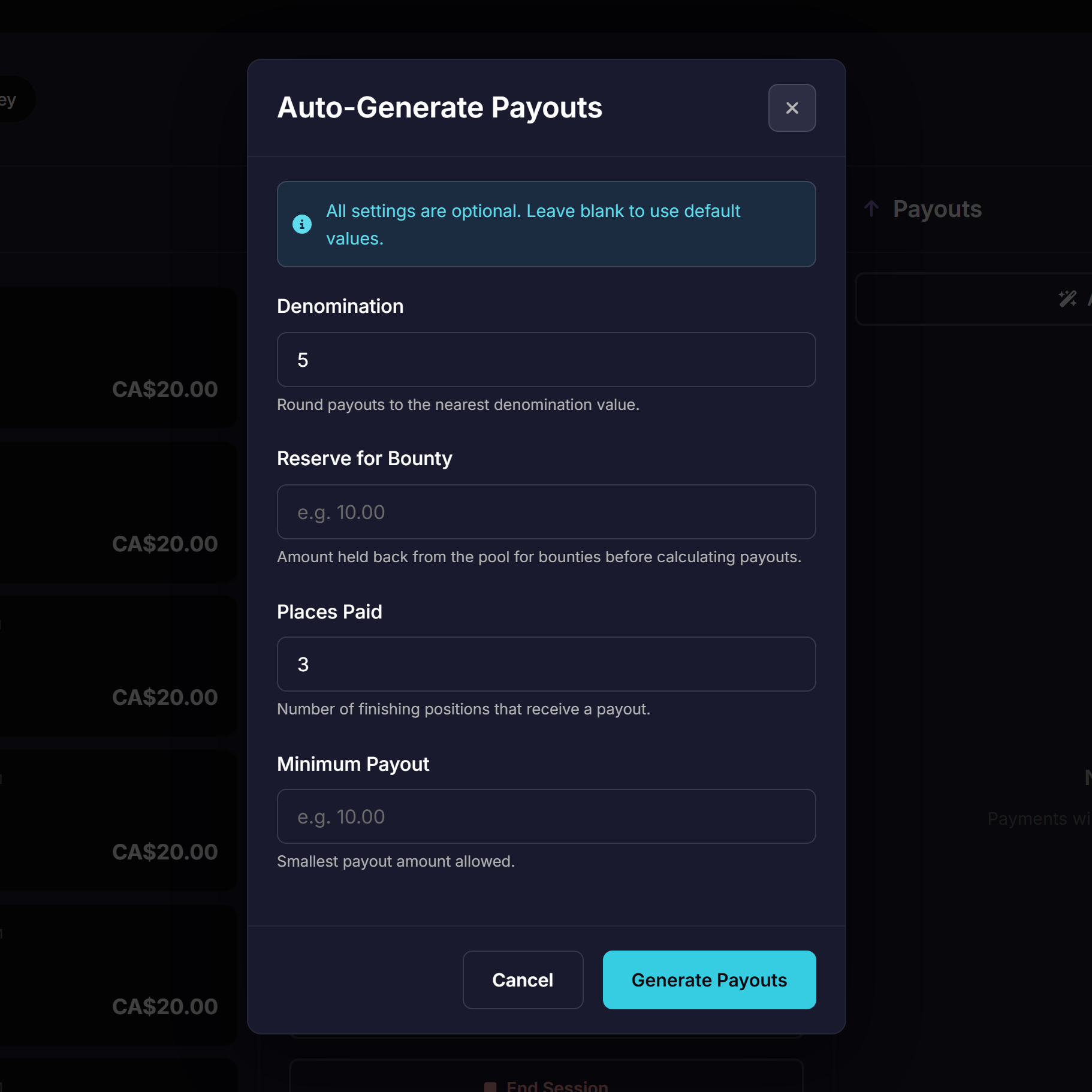 Poker payout generator set to three places paid and $5 rounding for a home tournament prize pool