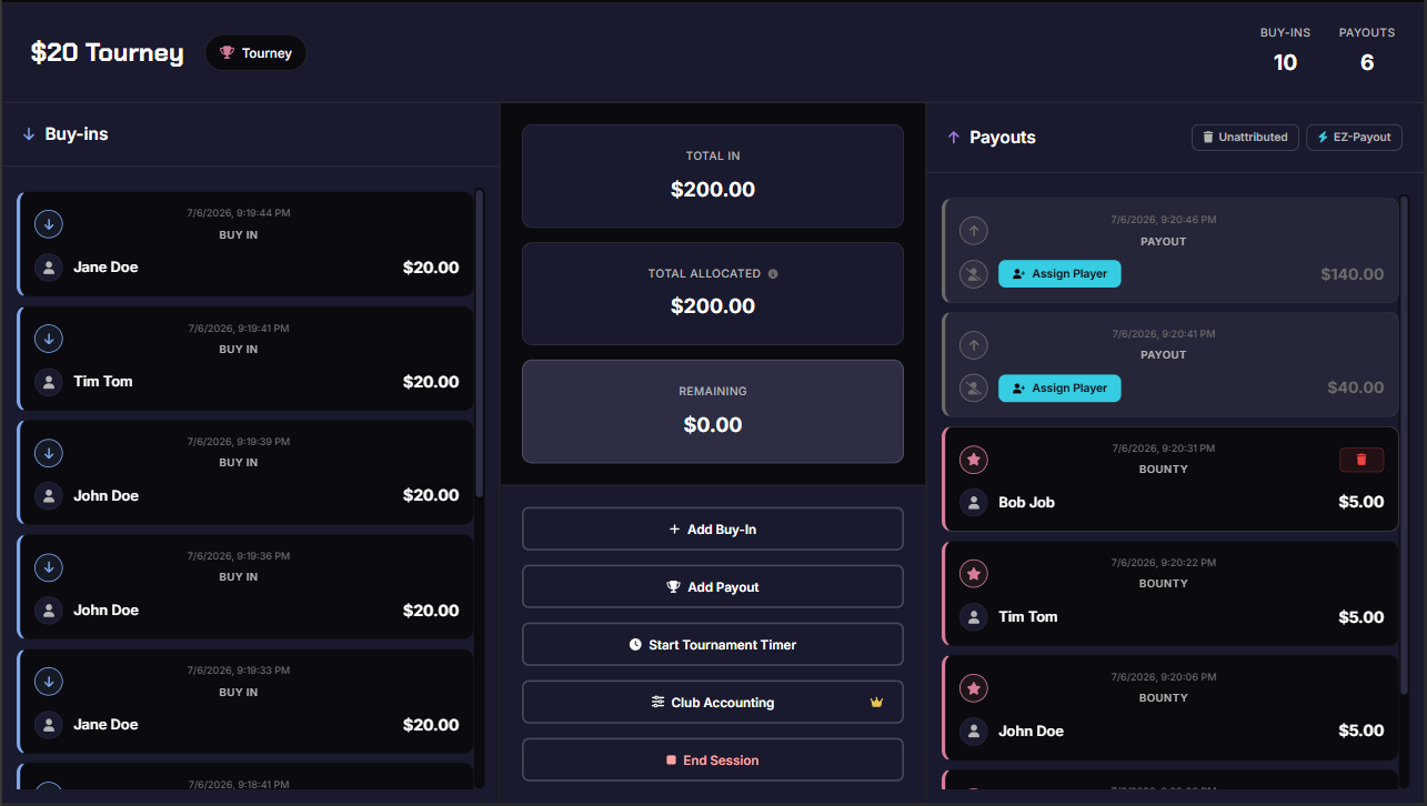 PokerNite session screen for tracking poker buy-ins and payouts