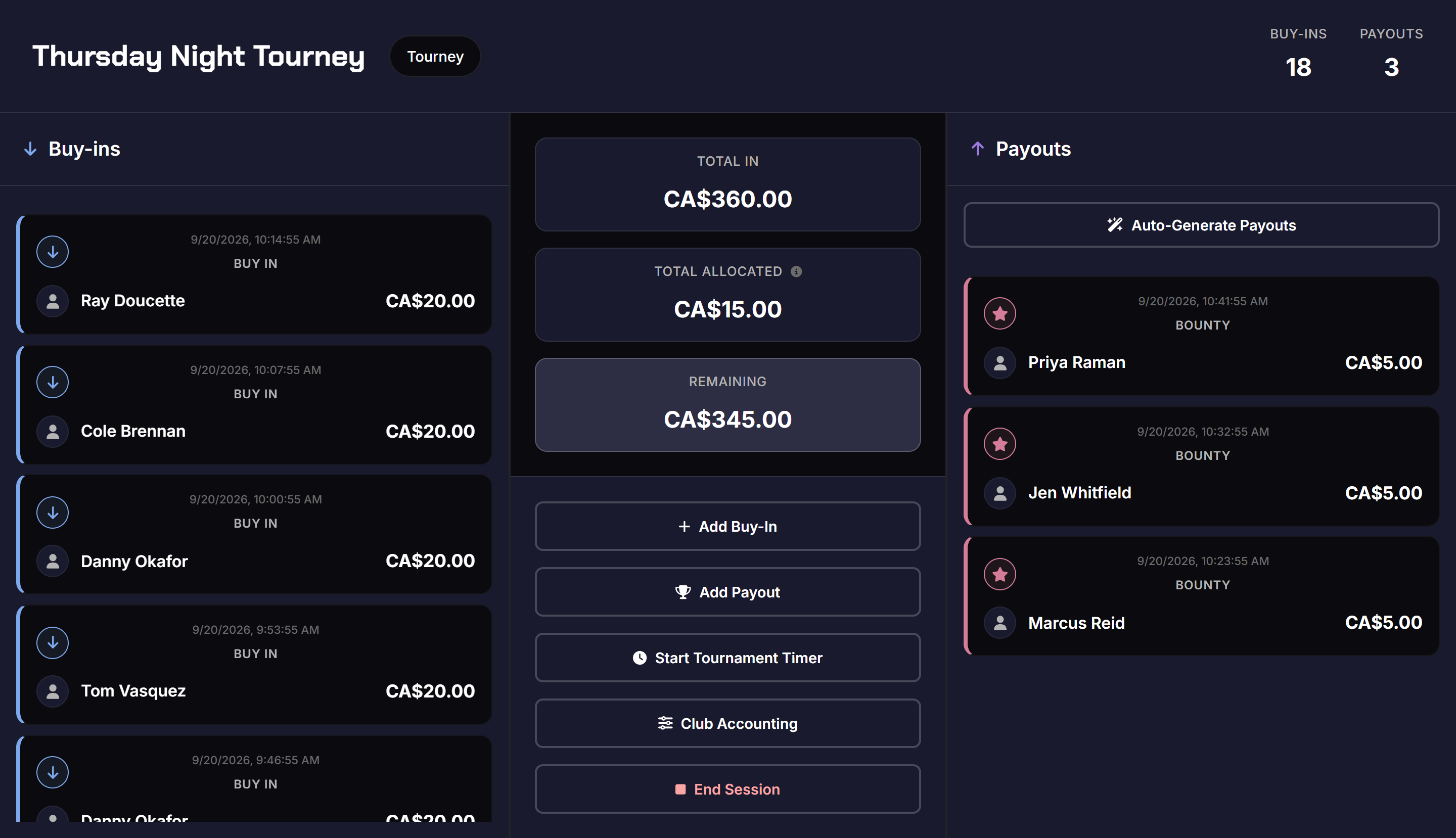 Poker tournament manager showing buy-ins, rebuys, running totals, and bounty payouts for a home game session