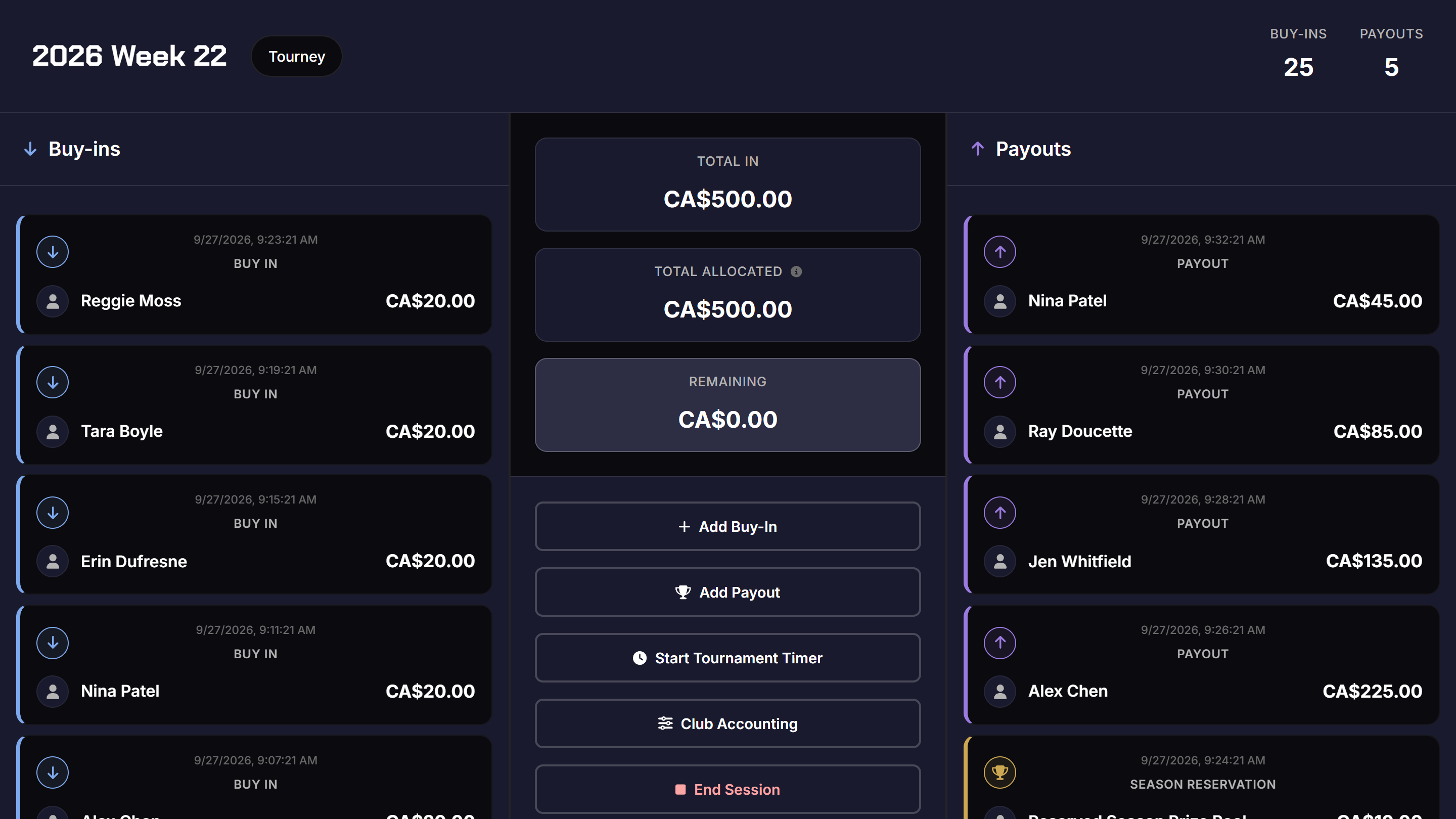 PokerNite session screen for tracking poker buy-ins and payouts